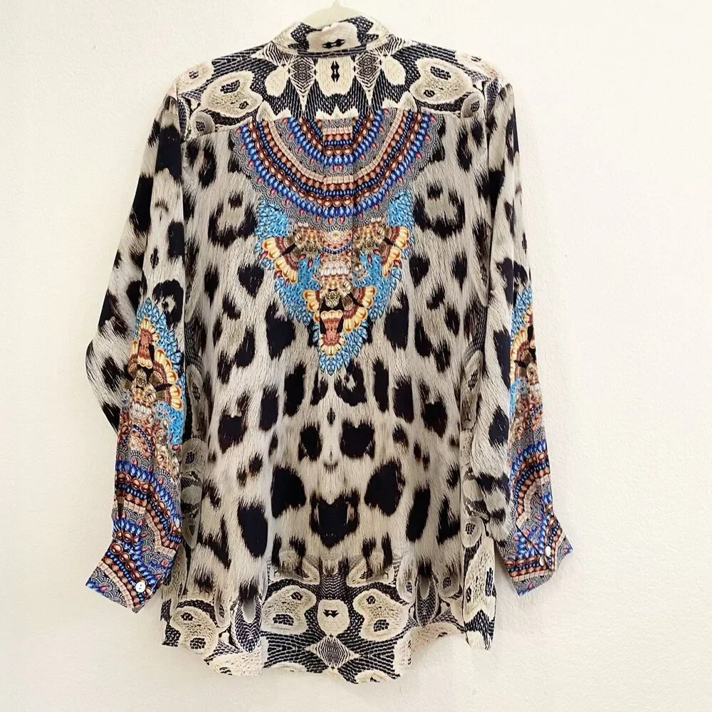 Moda Baronessa Button Up Blouse Multicolor Animal Print 100% Silk Small Tunic - Picture 8 of 10